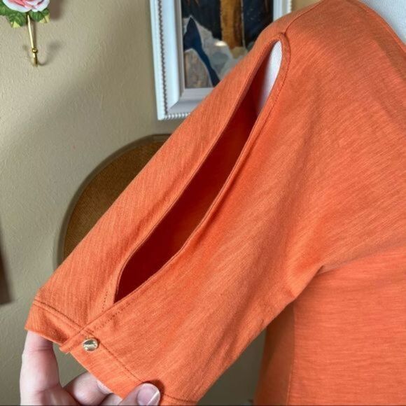 Jones New York Slub Knit V-NECK Short Sleeve Slit Orange T-Shirt Sz Small - Picture 5 of 10